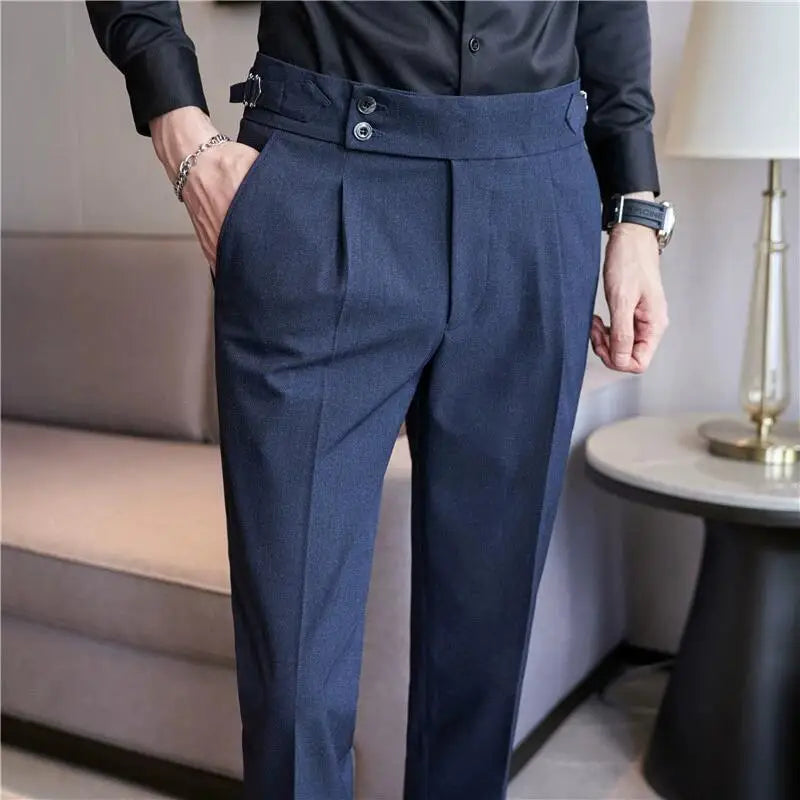 Estilo britânico masculino cintura alta vestido casual calça masculina cinto design calças finas formal escritório social festa de casamento vestido terno calças