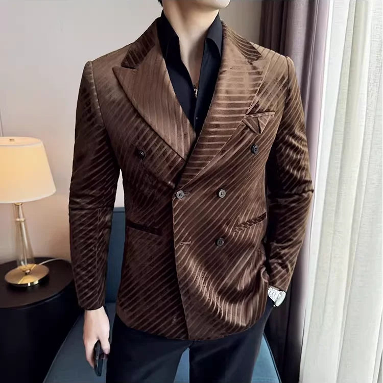 Outono inverno novo terno de veludo jaqueta masculina duplo breasted listrado fino ajuste casacos casuais de alta qualidade formal negócios fraque