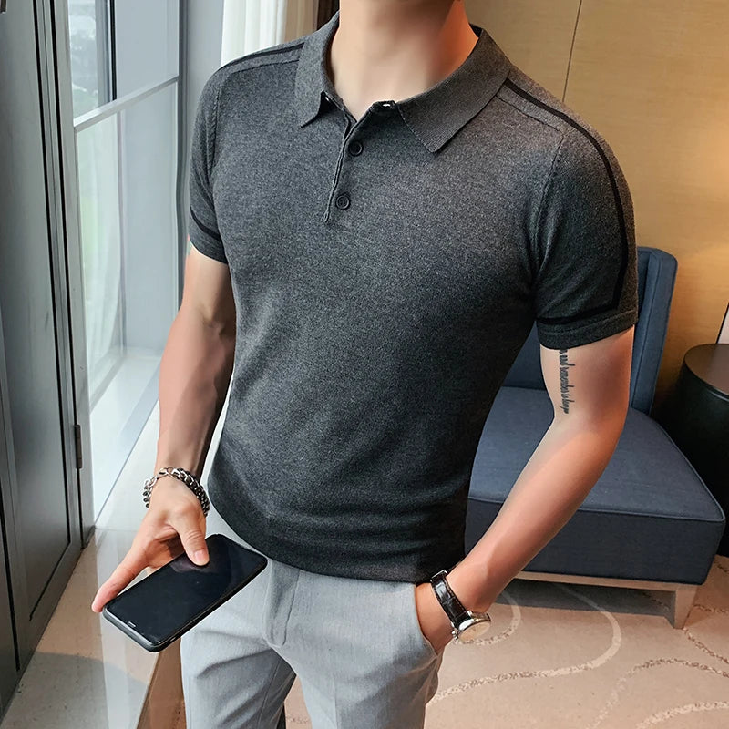 Cor bloqueada listrado camisa polo de malha dos homens verão manga curta lapela gelo seda t masculino fino negócios polos sociais streetwear