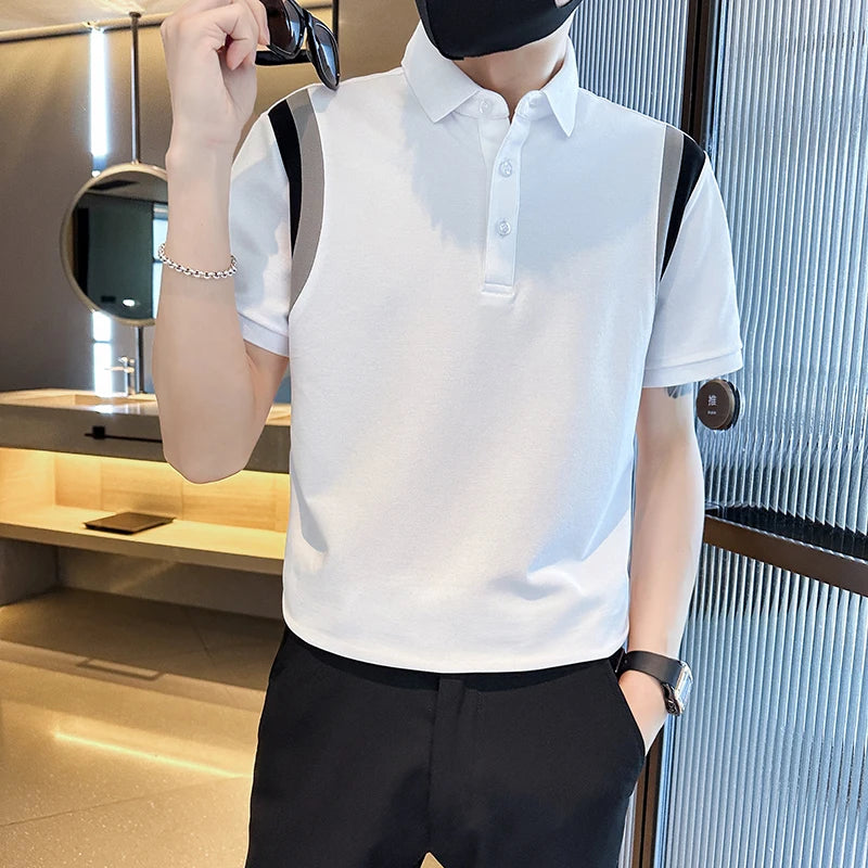2025 verão nova emenda cor manga curta polos camisa de alta qualidade dos homens seda gelo fino ajuste casual camiseta roupas masculinas 4xl