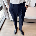 Outono inverno cintura alta calças de vestido de negócios dos homens casual cinto design fino terno calças formal casamento festa social calças masculinas