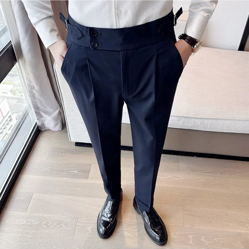 Outono inverno cintura alta calças de vestido de negócios dos homens casual cinto design fino terno calças formal casamento festa social calças masculinas