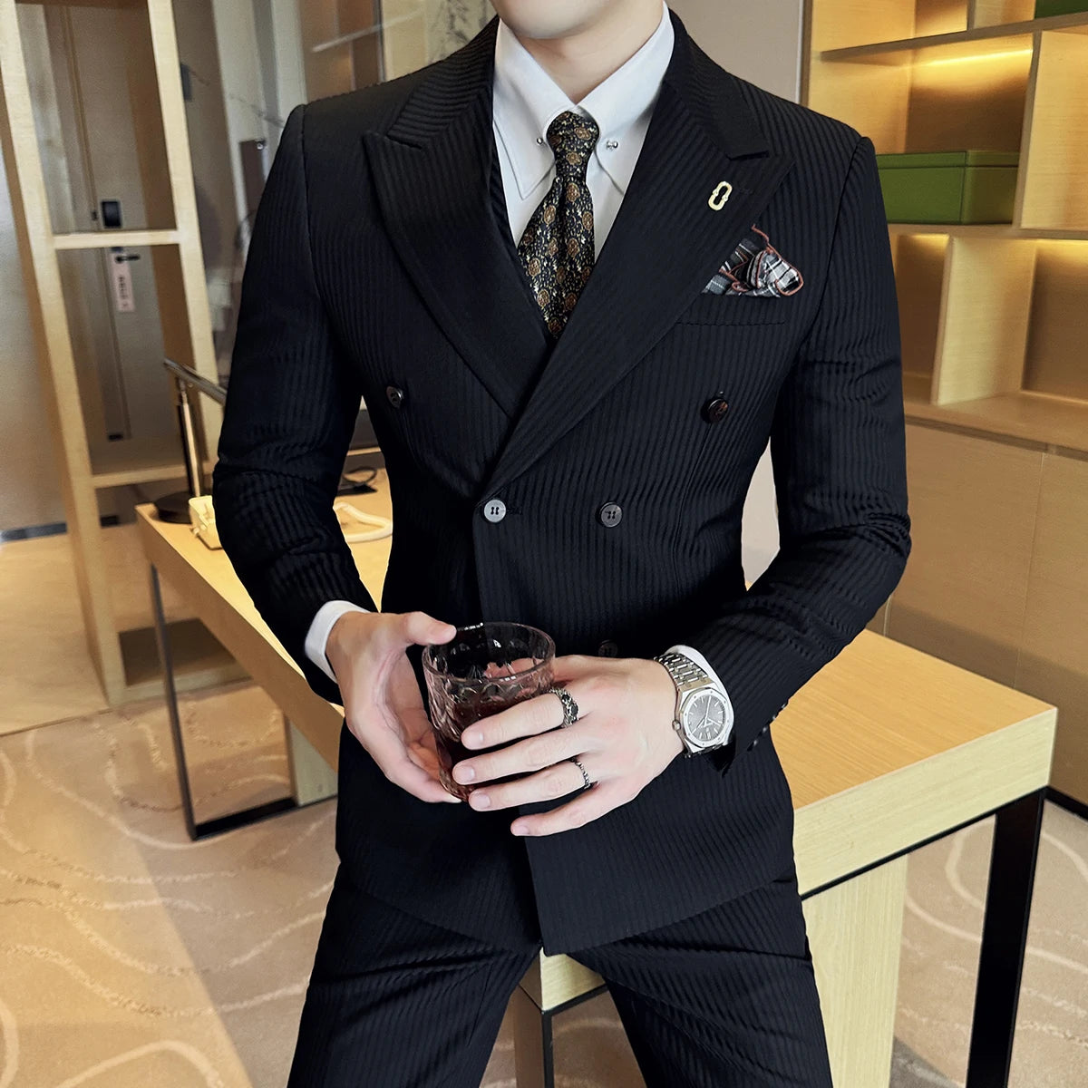 (Jaquetas + calças + colete) terno masculino listrado de luxo de alta qualidade duplo breasted elegante moda smoking formal noivo casamento terno social