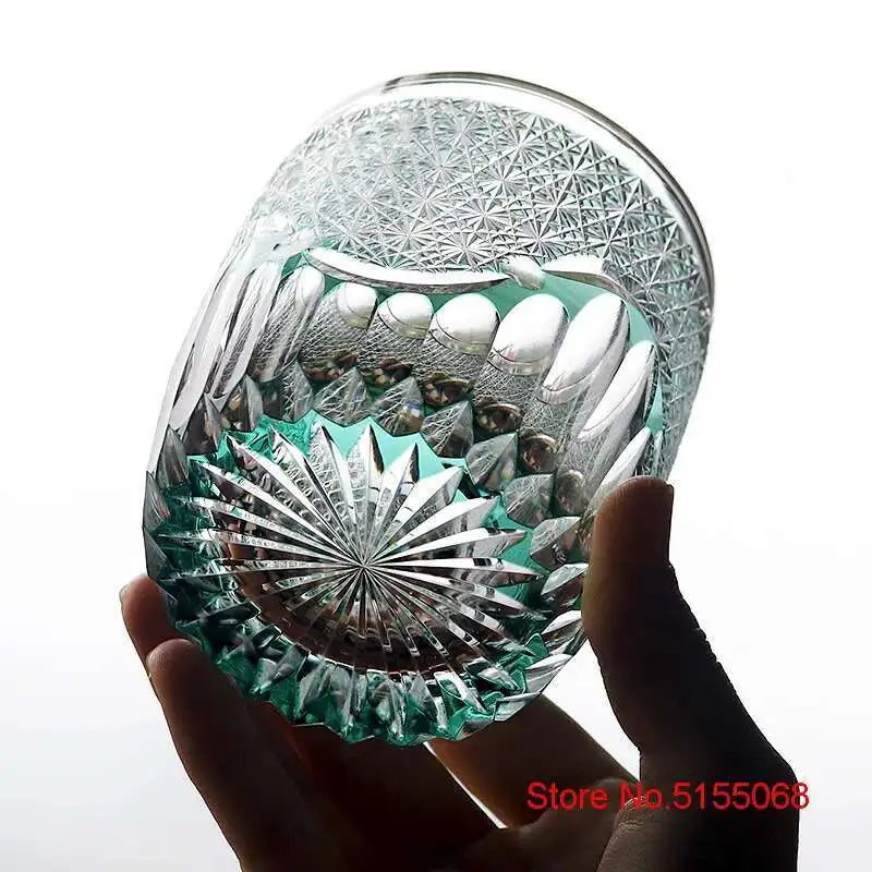 Japonês superior edo kiriko mão escultura cristal uísque vidro verde crisântemo onda do mar brandy licor snifter copo de vinho drinkware