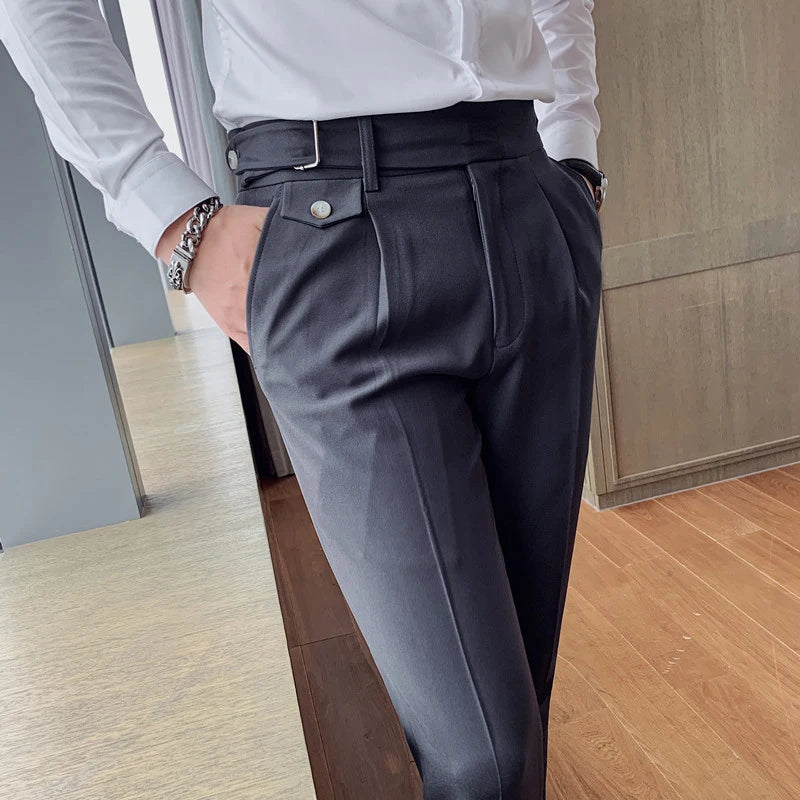 Calça de terno de cintura alta monocromática estilo britânico masculina, calça formal de negócios, calça escritório casual fina, alta qualidade, nova, 2022