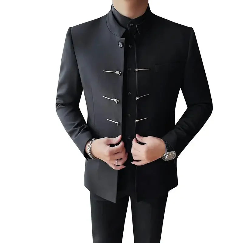 Estilo chinês gola alta terno jaqueta para homens de alta qualidade dos homens fino ajuste casual vestido de casamento social casaco roupas masculinas