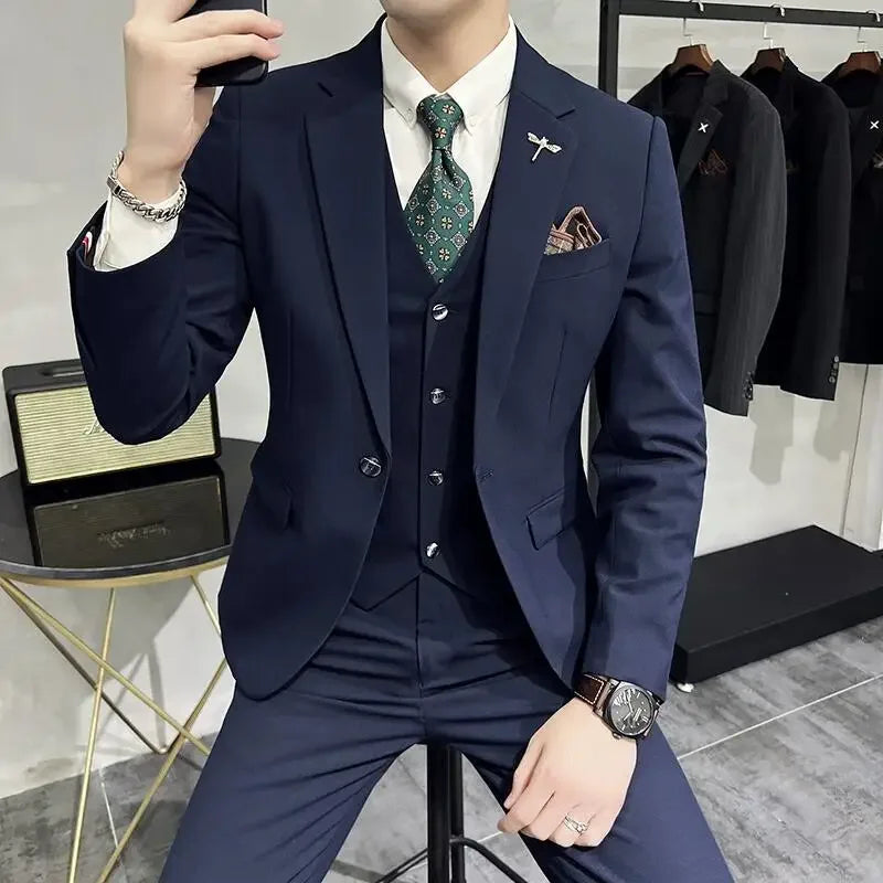 (Jaqueta + colete + calça) plus size 7xl-s masculino coreano fino ajuste noivo casamento negócios casual smoking masculino trabalho terno social 3 peças