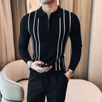 2024 outono inverno nova camisola listrada para homens moda zíper flip colarinho de malha camisa polo masculina manga longa magro casual puxar