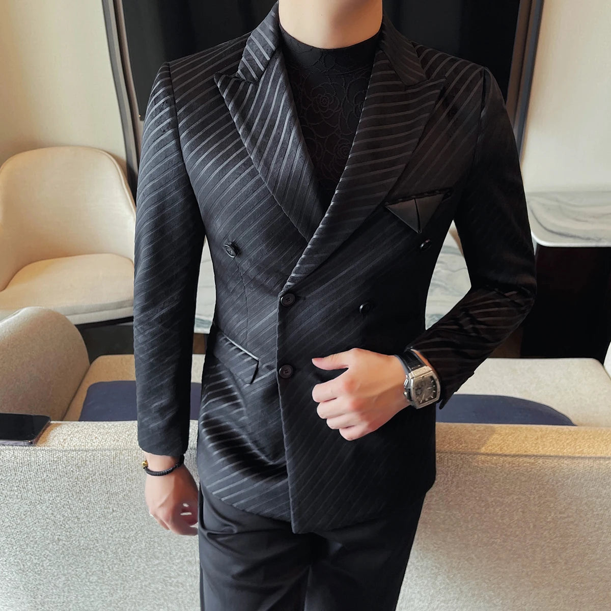 Estilo britânico de luxo masculino duplo breasted sarja terno jaqueta alta qualidade moda negócios fino ajuste noivo festa social terno vestido