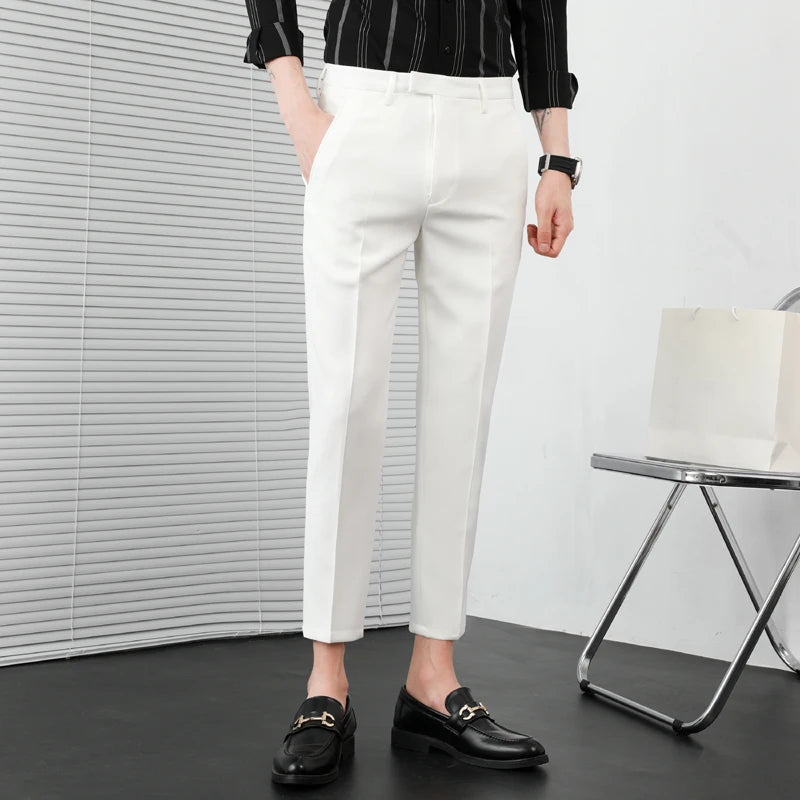 Verão nova cor sólida negócios calças casuais masculino fino ajuste social terno pant formal escritório tornozelo comprimento calças streetwears 36-29