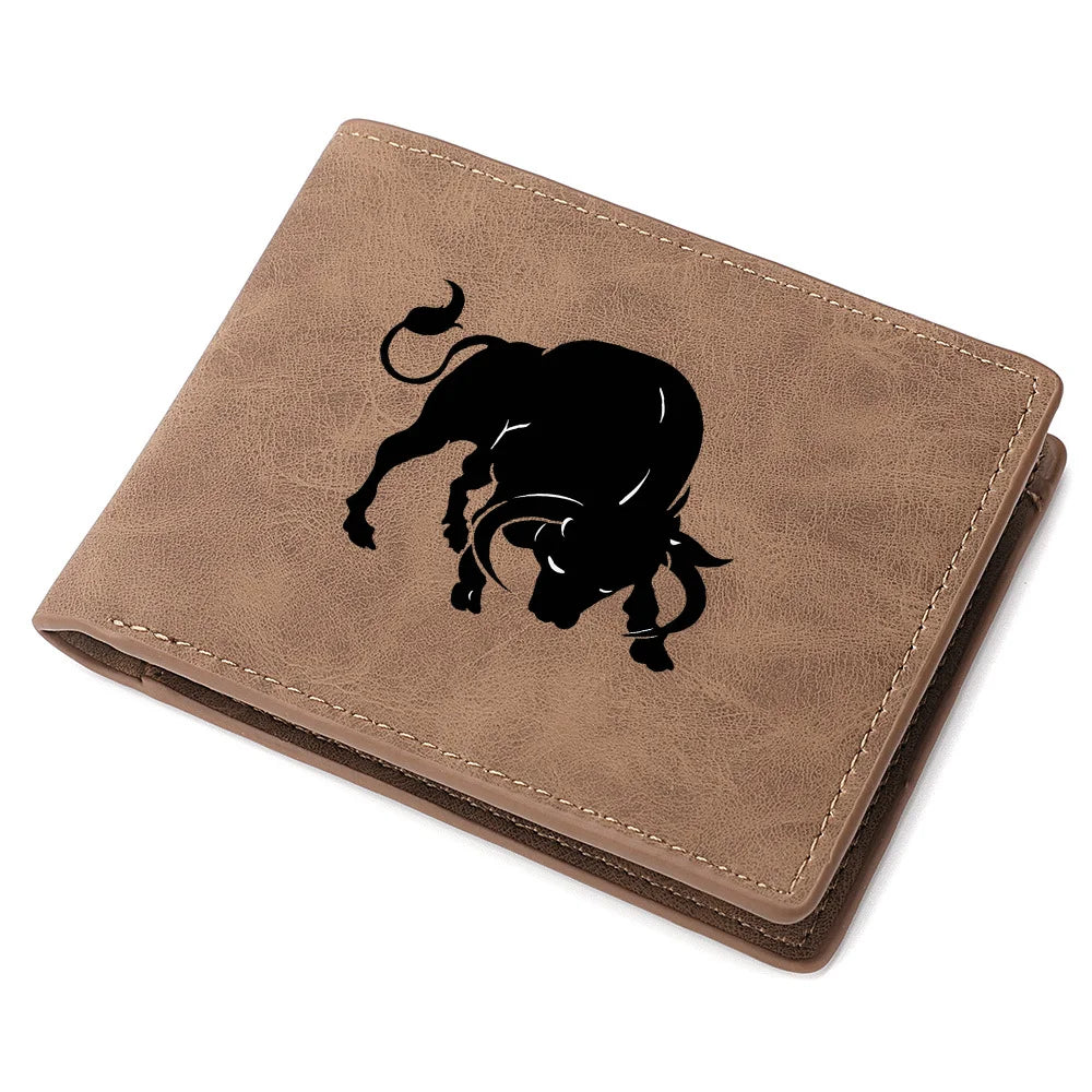 Mini carteira curta masculina com padrão de touro, zíper, bolso para moedas, porta-cartões com vários slots, presente ideal para estudantes jovens