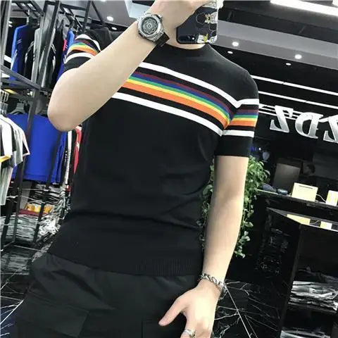 Camiseta de malha listra colorida masculina, manga curta, gola O, streetwear casual, verão, 2022