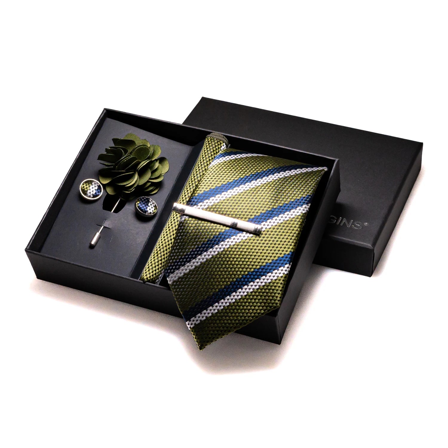 Gravatas luxuosas de seda com listras verdes escuras, acessórios de casamento, gravata masculina, bolso quadrado, abotoaduras, pino e caixa de presente elegante
