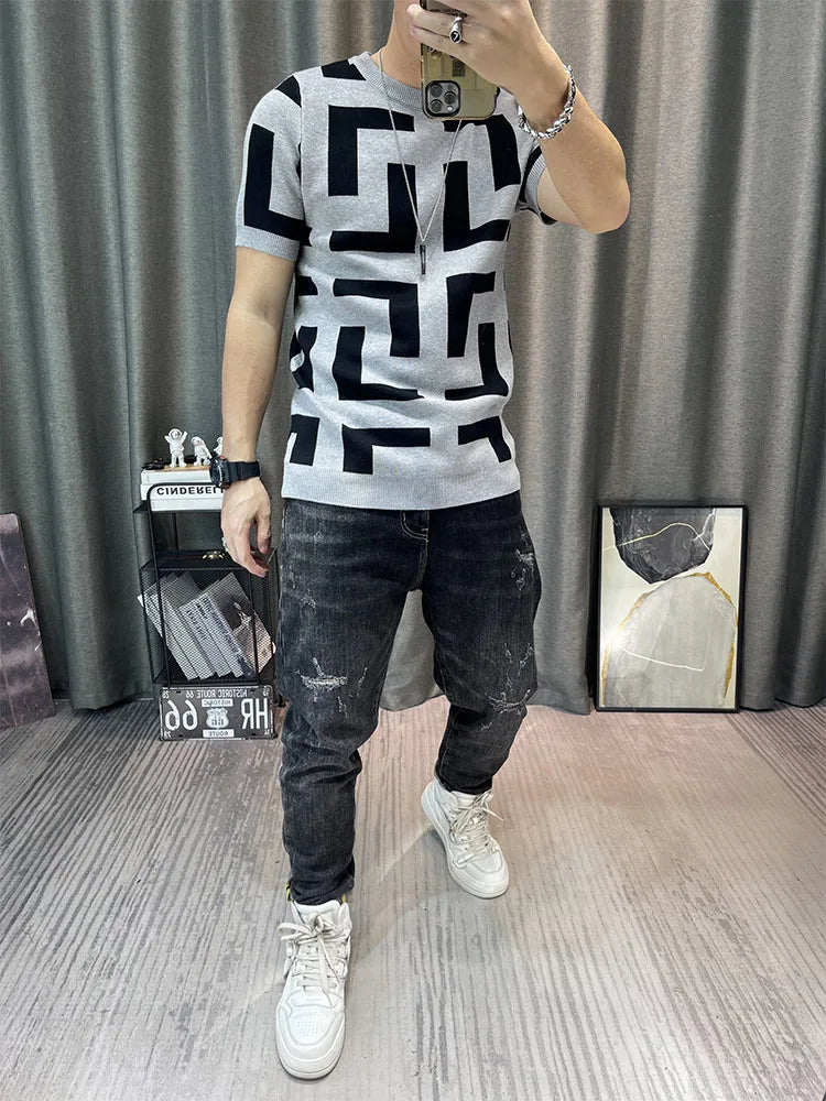 Camiseta coreana de malha com decote em O masculina, blusa de manga curta, camiseta justa, streetwear casual masculino, clube social, luxo, outono, 2022