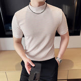 Moda listra masculina camisetas verão meia alta pescoço fino ajuste casual versátil respirável t camisa pulôver roupas masculinas 4xl-m