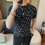 Moda verão leopardo reunindo camisetas masculinas 2025 nova gola redonda fino ajuste manga curta casual camiseta roupas masculinas 4xl-m