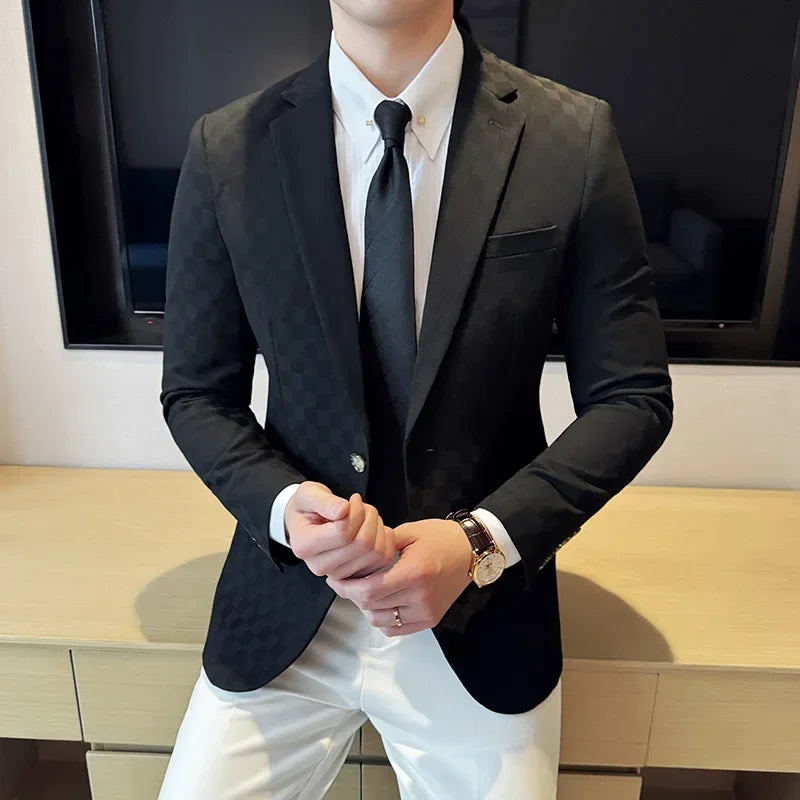 Blazers de negócios quadriculados slim fit para homens, jaqueta formal, botão único, festa social, moda luxuosa, tamanho grande, 5XL, 24, 2024