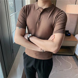 Estilo britânico verão camisa polo de malha cor sólida fino ajuste estiramento manga curta camiseta masculina negócios polos sociais streetwear