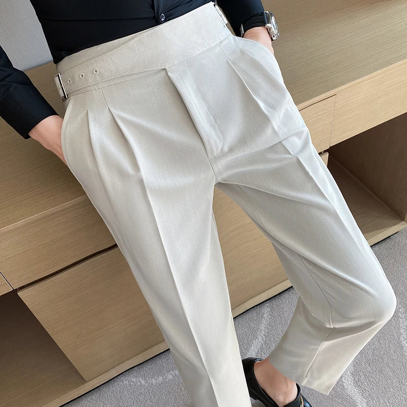 Estilo britânico masculino cintura alta vestido casual calça masculina cinto design calças finas formal escritório social festa de casamento vestido terno calças