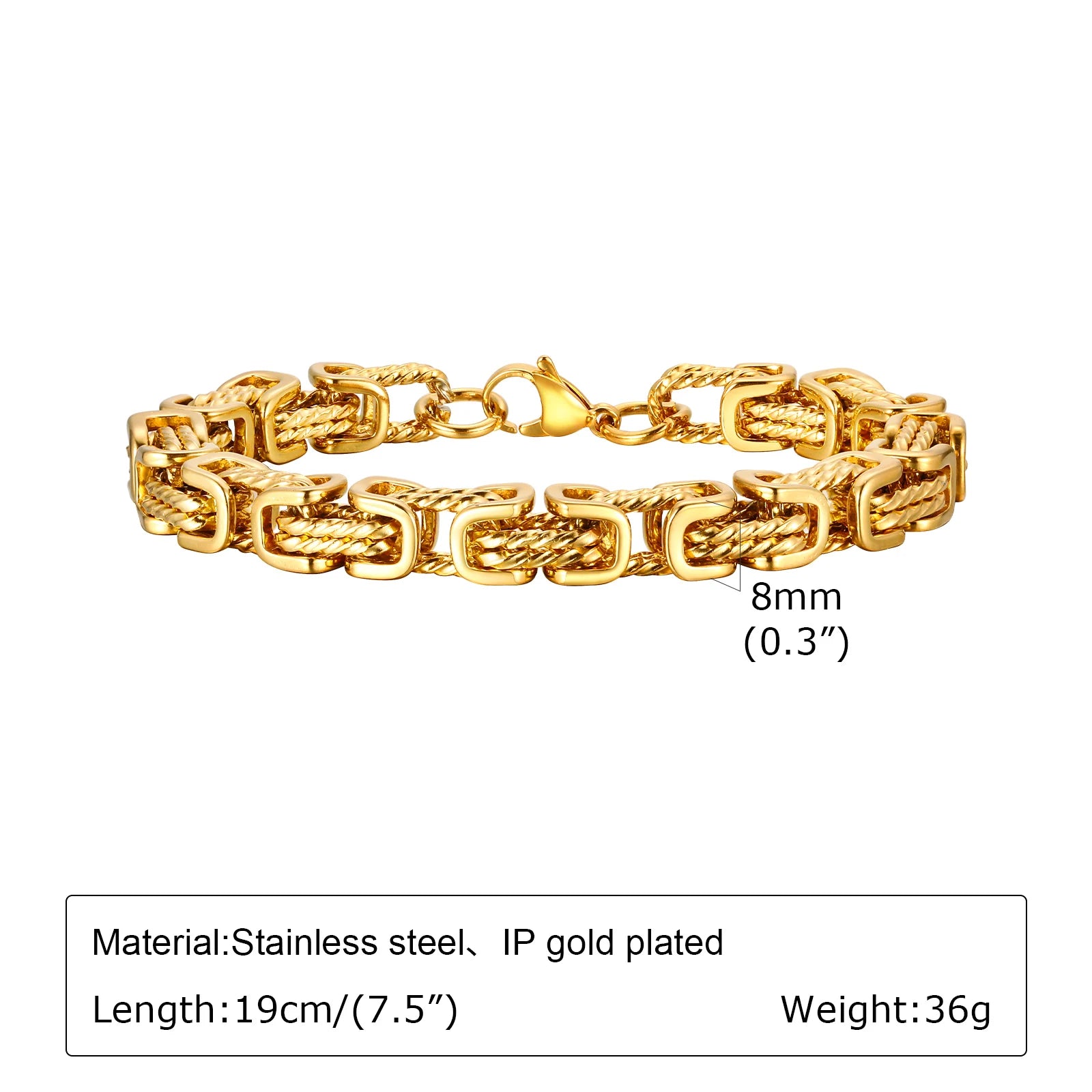 Pulseiras bizantinas grossas masculinas, pulseira retrô cinza de aço inoxidável de 8 mm com elo trançado, joia vintage presente para ele menino