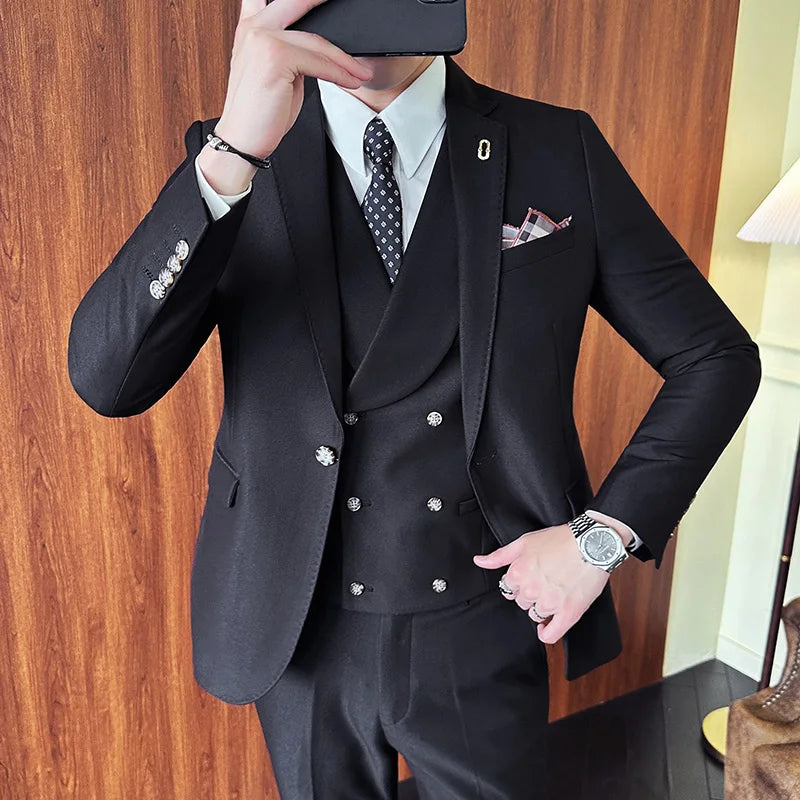 Fato de negócios slim fit duplo trespassado masculino, jaqueta, calça e colete, alta qualidade, design de moda, sing de festa, 3 peças