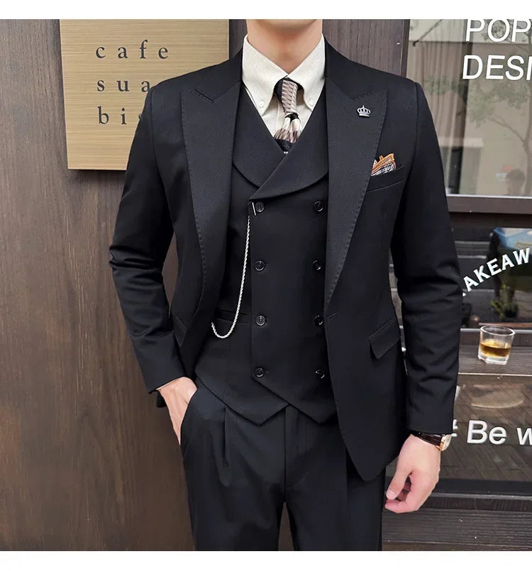 (Jaquetas + calças + colete) homens de alta qualidade fino ajuste festa smoking 3 peças moda duplo breasted colete design casamento terno social