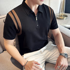 Verão masculino sólido camisa polo 2025 moda turn down collar zíper design fino ajuste casual elástico camisetas roupas masculinas 4xl-m