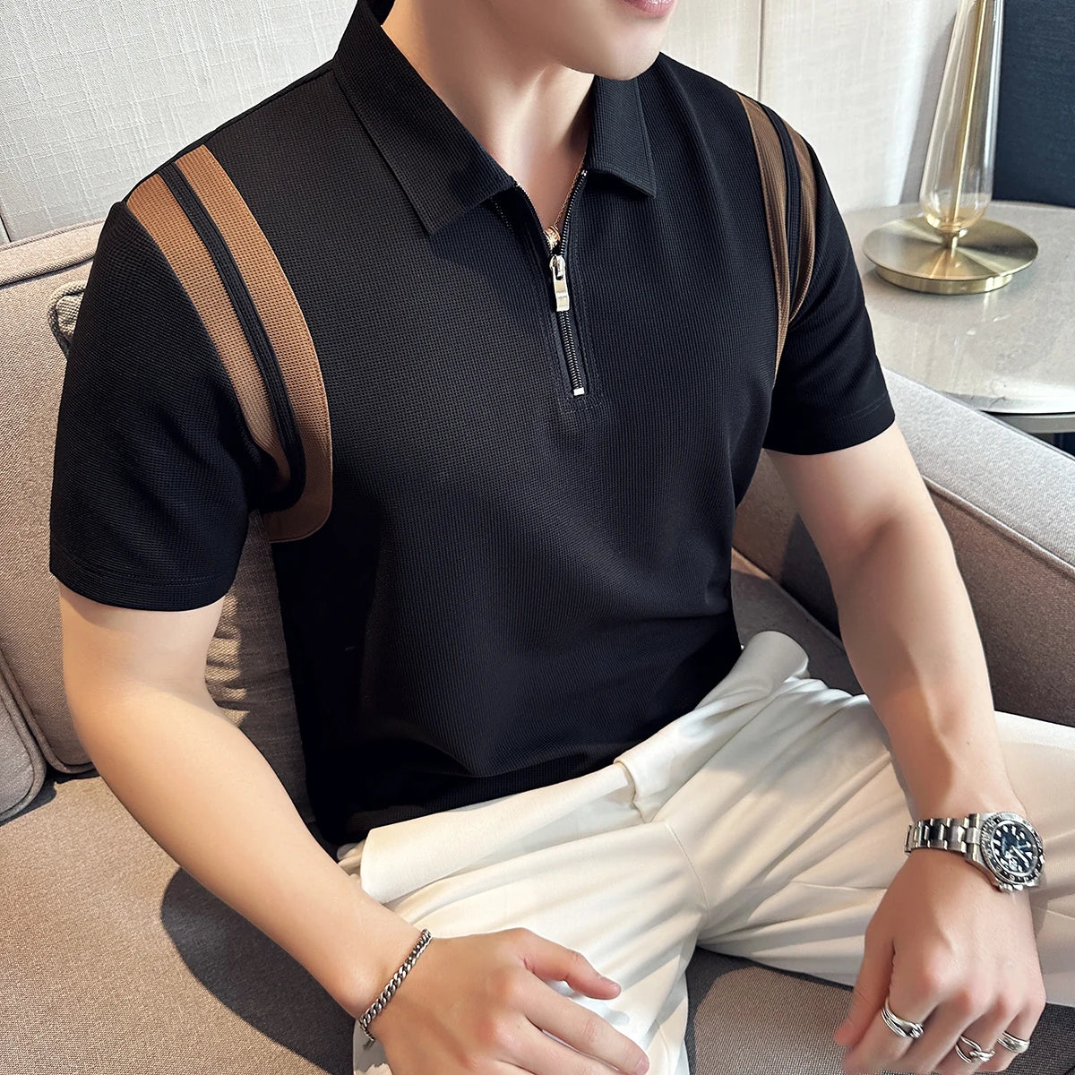 Verão masculino sólido camisa polo 2025 moda turn down collar zíper design fino ajuste casual elástico camisetas roupas masculinas 4xl-m