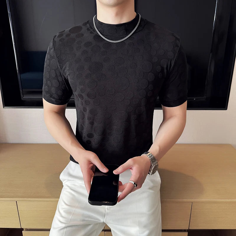 Dot print camisetas masculinas verão meia alta pescoço cor sólida fino ajuste casual versátil respirável t camisa pulôver roupas masculinas