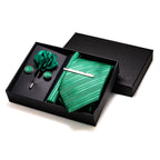 Gravatas luxuosas de seda com listras verdes escuras, acessórios de casamento, gravata masculina, bolso quadrado, abotoaduras, pino e caixa de presente elegante