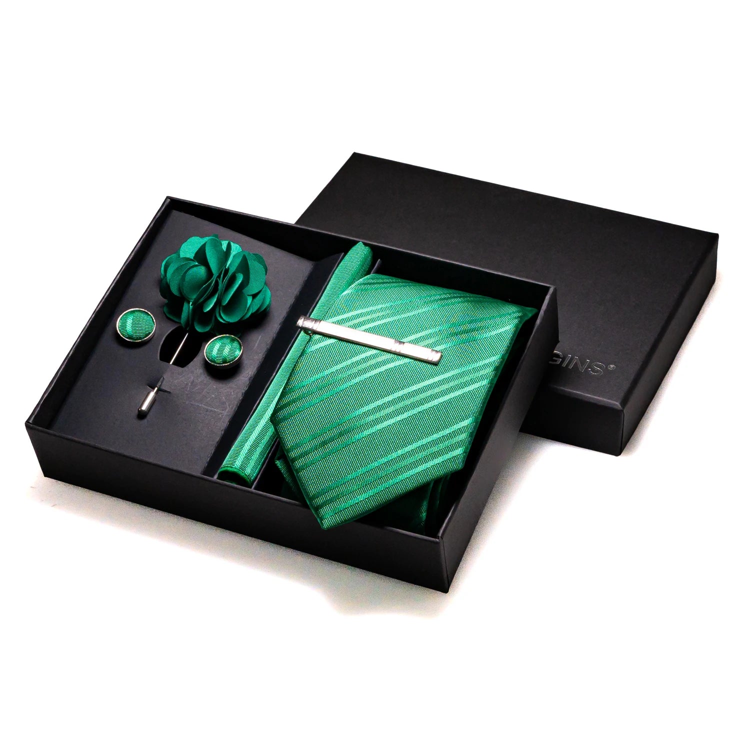 Gravatas luxuosas de seda com listras verdes escuras, acessórios de casamento, gravata masculina, bolso quadrado, abotoaduras, pino e caixa de presente elegante