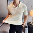 Camisa polo masculina de malha curta, camiseta casual, gola V, ajuste fino, respirável, malha, elasticidade, verão