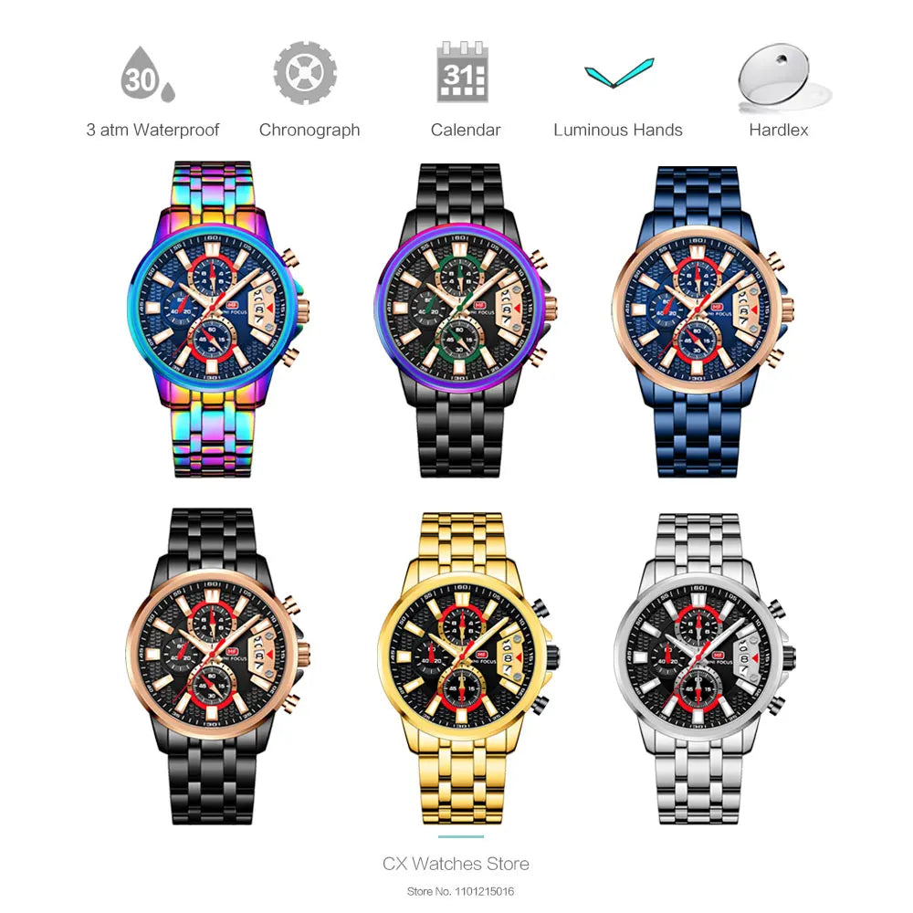 MINI FOCUS Motley Relógios para Homens Moda Esporte Cronógrafo Relógio de Pulso de Quartzo com Data Luminosa Mãos Pulseira de Aço Inoxidável Homem
