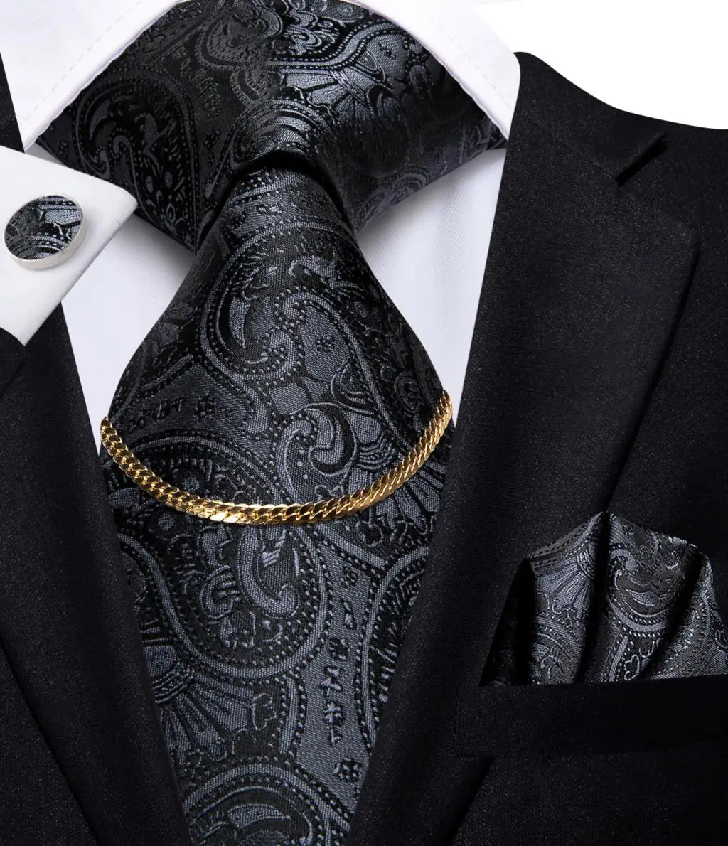 Hi-Tie-Gravatas de seda xadrez de luxo masculinas, conjunto de abotoaduras, design preto, presente de casamento, corrente de gravata moda