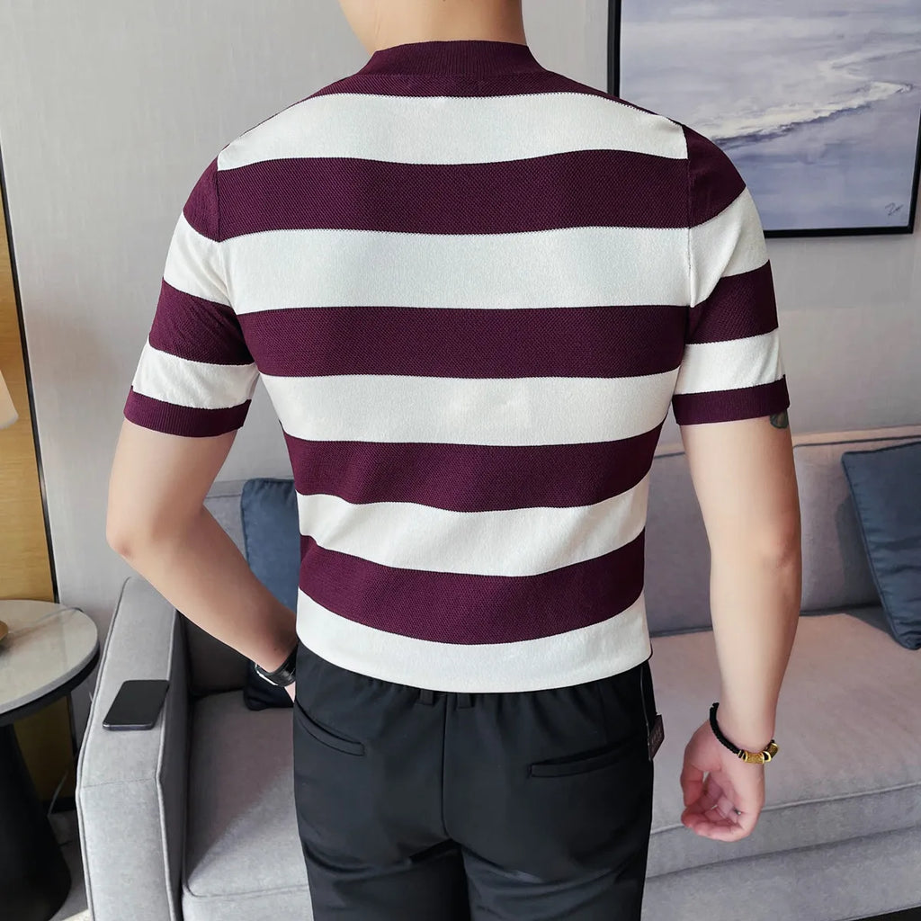 Verão tripulação pescoço manga curta malha camiseta moda listrado fino ajuste casual respirável gelo seda topos camisetas camisa roupas masculinas
