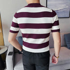 Verão tripulação pescoço manga curta malha camiseta moda listrado fino ajuste casual respirável gelo seda topos camisetas camisa roupas masculinas