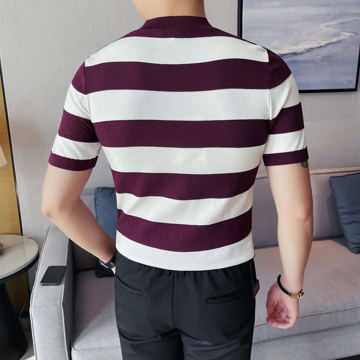 Verão tripulação pescoço manga curta malha camiseta moda listrado fino ajuste casual respirável gelo seda topos camisetas camisa roupas masculinas