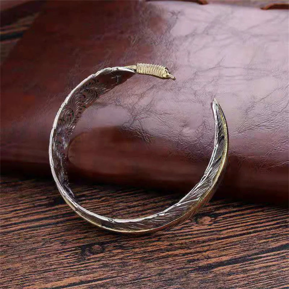 Pulseira de penas com padrão de grama Tang, masculina moderna, prata antiga, personalizada, versátil, pulseira aberta retrô