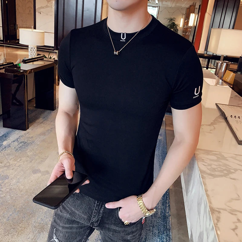 Camiseta bordada de luxo masculina, manga curta, slim fit, T elástica apertada, pulôver, camiseta casual de fitness, alta qualidade, verão, 2022