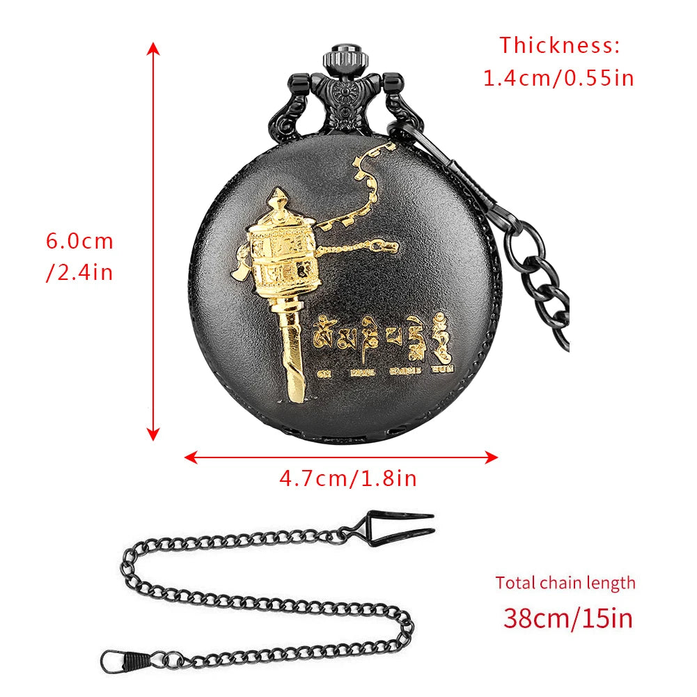 Om Mani Padme Hum Budismo Letras Sanskrit Seis Palavras Relógio de Bolso de Quartzo para Homens Mulheres com Colar de 80cm/Cadeia de Gancho de Cintura de 38cm