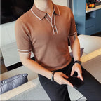 Camisa polo de seda gelo de malha com decote em v masculina 2025 verão moda sólida manga curta t camisa masculina fino ajuste casual camisetas topos