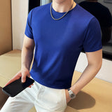 Verão fino gelo seda elástica cor sólida t camisa masculina manga curta fino ajuste gola redonda casual respirável camiseta roupas masculinas