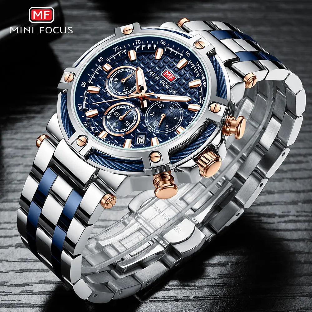 Mini foco analógico vestido de quartzo relógio masculino prata azul pulseira de aço inoxidável cronógrafo relógio de pulso luminoso com data 24 horas 0470