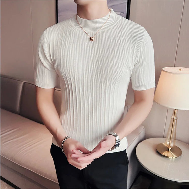 2024 verão malha elasticidade t camisa masculina meia gola alta manga curta casual fino ajuste camisola topos t clube social camiseta