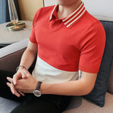 Camiseta polo masculina emendada com gola v, alta qualidade, manga curta, seda gelada, elasticidade, camiseta casual de lapela, 3XL-M, verão, 2023