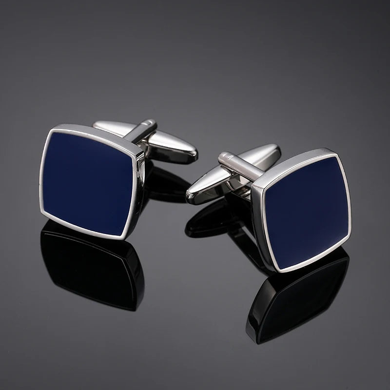 Abotoaduras de esmalte azul quadrado para homens, camisa francesa, material de cobre, acessórios para casamento, moda, atacado