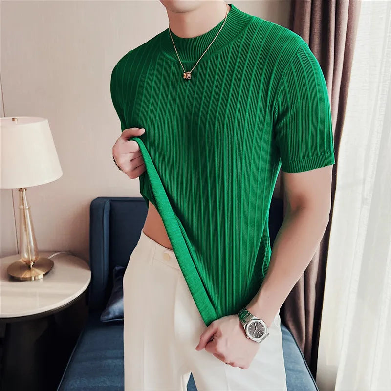2024 verão malha elasticidade t camisa masculina meia gola alta manga curta casual fino ajuste camisola topos t clube social camiseta