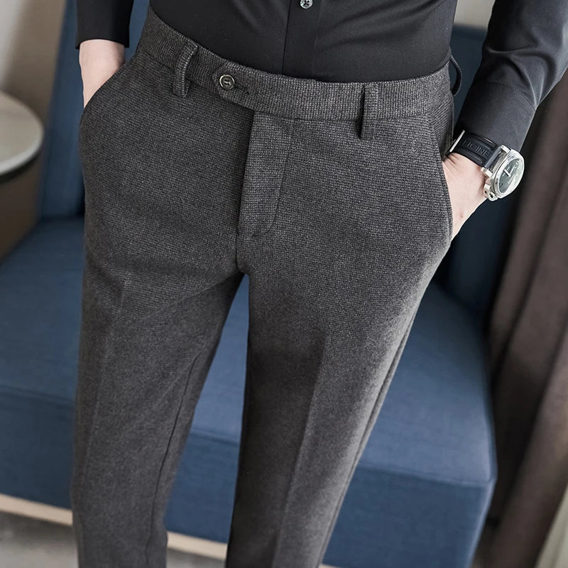 Outono inverno pano de lã engrossado terno calças de alta qualidade dos homens negócios calças finas formal wear escritório social vestido calças