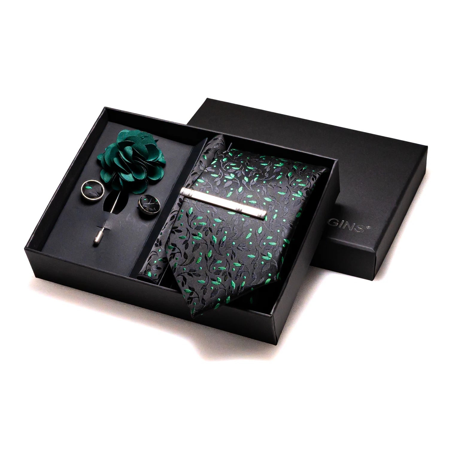 Gravatas luxuosas de seda com listras verdes escuras, acessórios de casamento, gravata masculina, bolso quadrado, abotoaduras, pino e caixa de presente elegante