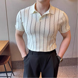 2025 verão masculino listras onduladas polos camisas moda turn-down colarinho simplicidade fino ajuste manga curta de malha t camisas topos